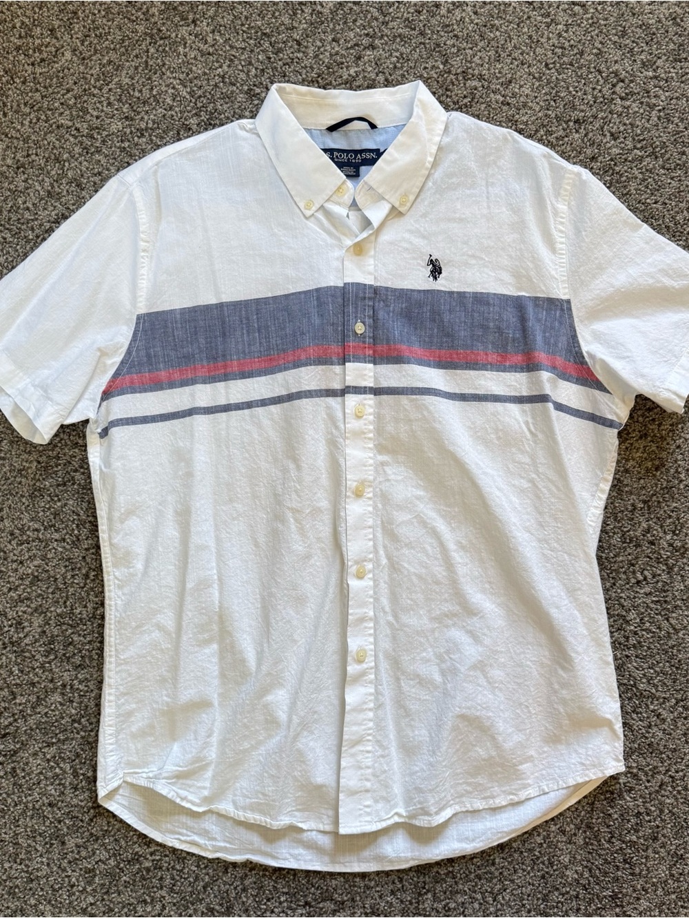 U.S. Polo Assn. White Short-Sleeve Button-Down with Navy and Red Stripes